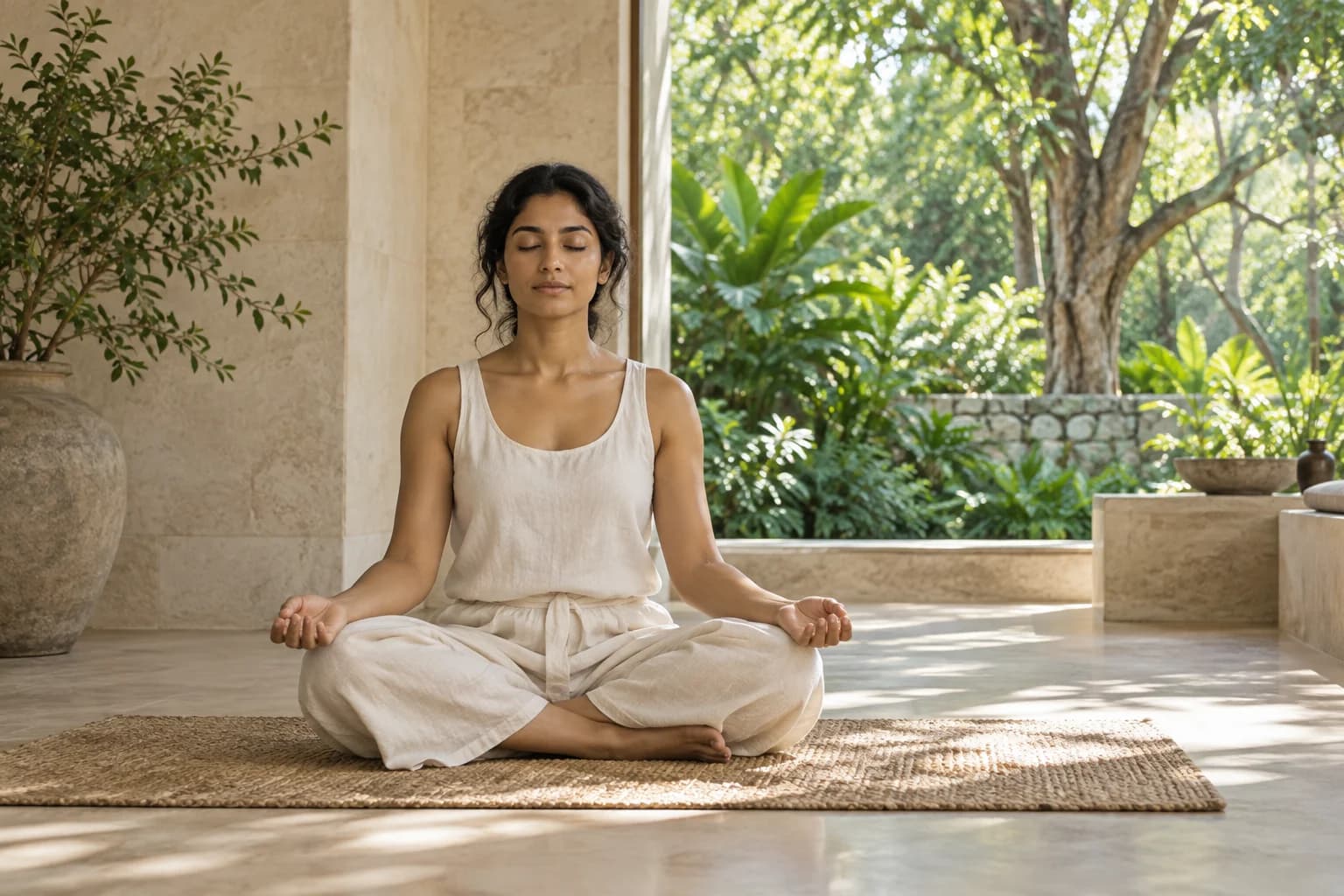 Illustrative image of a seated meditation practice in a quiet sunlit space